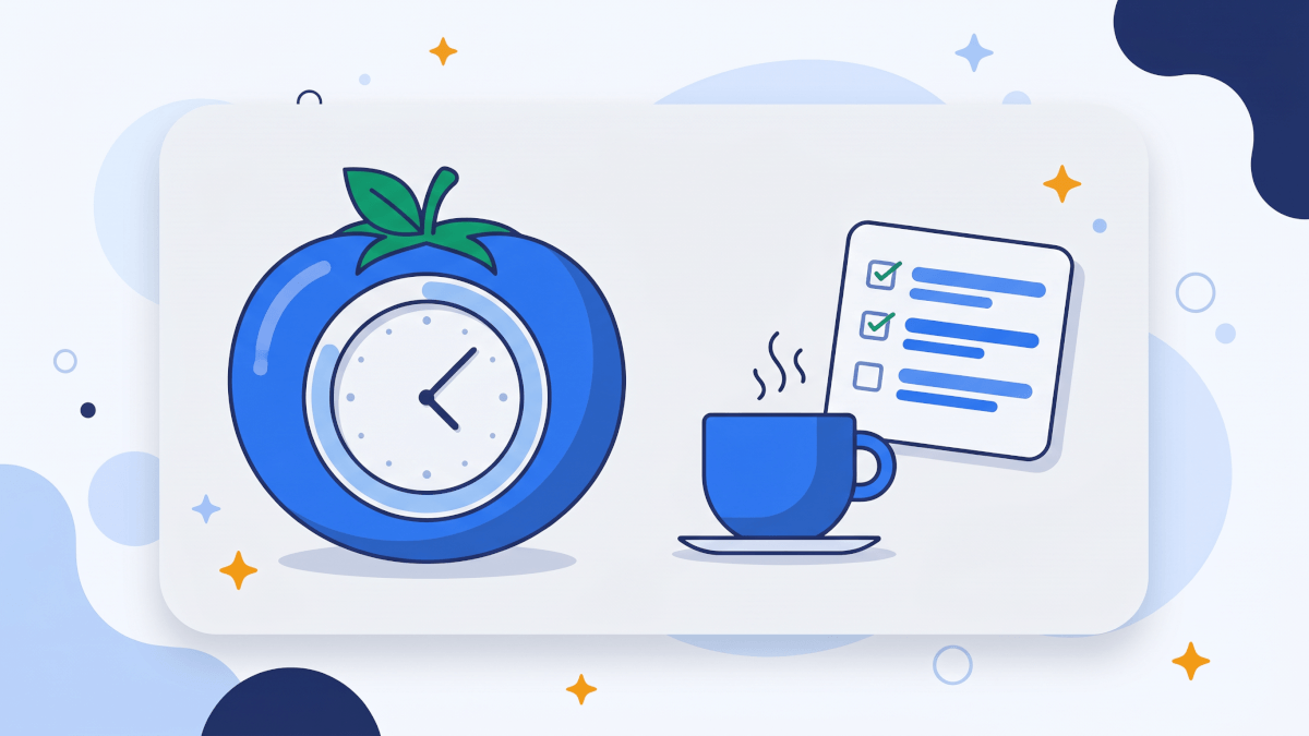 Timer em formato de tomate azul com relógio e anel de progresso, ao lado de uma xícara de café e de uma lista de tarefas com itens marcados